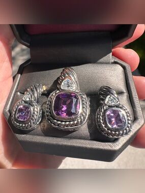 Vintage Silver-tone Amethyst Cocktail Earrings And Pendant (No Chain)